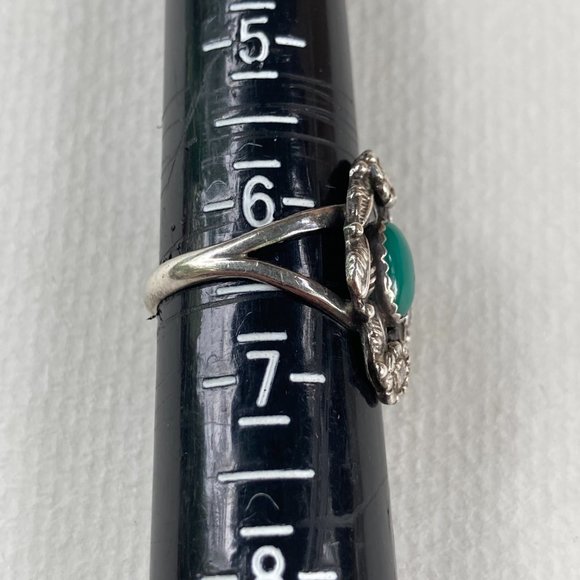 Vintage green turquoise Prairie Fire sterling silver ring with leaves - Picture 2 of 5